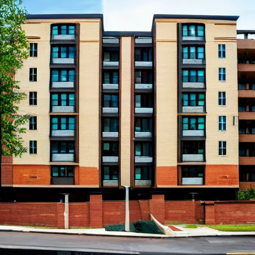 Prompt: apartment building with patios facing away from each other, in the style of frank lloyd wright