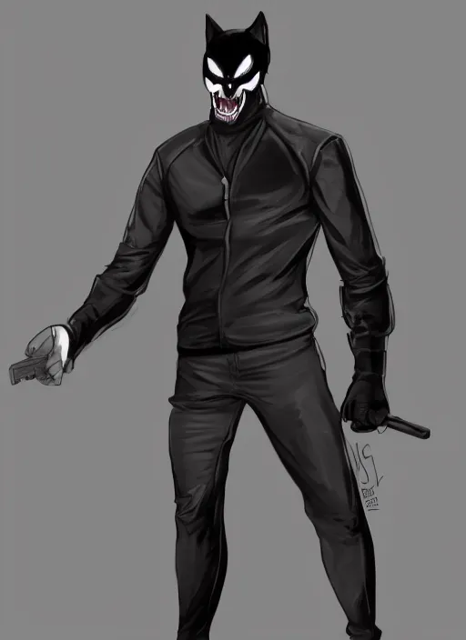 Image similar to concept art of a comic book character wearing a full body black spandex with white eyes, and drawn sharp teeth on the jaw. wearing a black leather jacket. holding a glock. hd. artstation. digital painting.