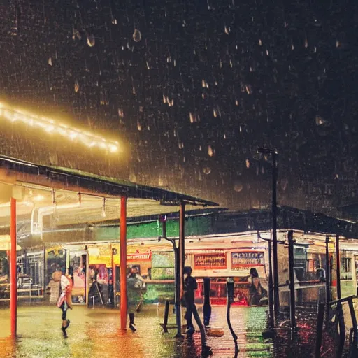 Image similar to A rainy night outside a Singaporean hawker centre, award-winning photography, cinematic lighting