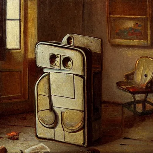 Prompt: android poete maudite, starving robot artist in a parisian garret, nineteenth - century domestic realism, oil on canvas