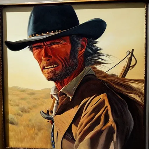 Image similar to oil painting of cowboy clint eastwood in american frontier landscape, western town, dusty street, sunrays, dramatic, very very very beautiful art