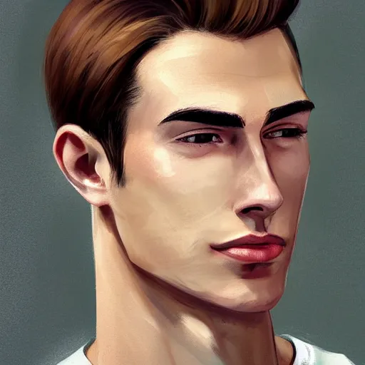Prompt: tall man in his twenties slightly smiling with brown blond short quiff hair and thin slightly round facial structure with cleft chin, straight eyebrows and prominent bumpy nose, good definition of cheekbones, big hazel nut brown eyes, narrow face, slim body, atmospheric lighting, painted, intricate, 4 k, highly detailed by charlie bowater