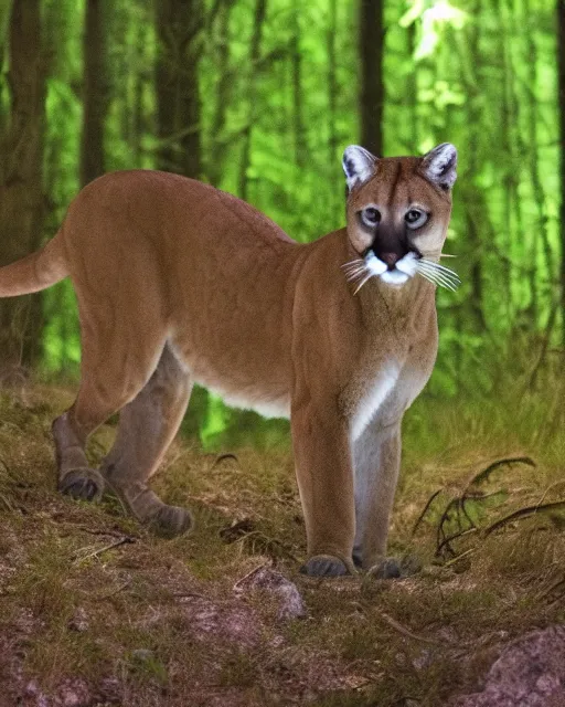 Prompt: cougar in forest at night, night vision goggles, shot from drone, grainy