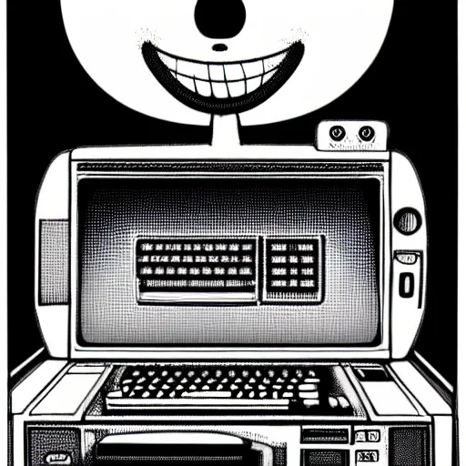 Prompt: a black and white photograph of a mischievous computer screen, by gary baseman, by robert crumb, by jim henson, high contrast, soft lighting, surreal, film photography, 8 k, render
