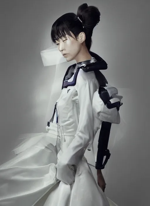 Image similar to a portrait by nick knight of a japanese girl detailed features wearing a pilot suit wedding dress synthetic materials, jumpsuits chic'techno fashion trend by balenciaga and makoto shinkai