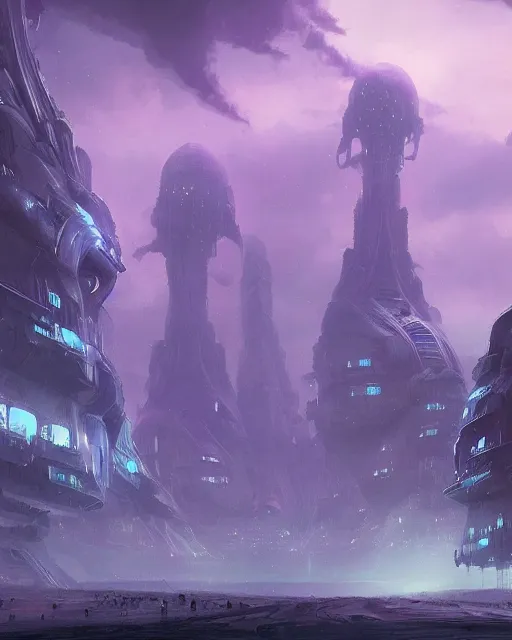 Image similar to an alien city seen in the distance, alien architecture, purple, environment art, fantasy art, landscape art, in the style of greg rutkowski, illustration, epic, fantasy, intricate, hyper detailed, artstation, concept art, smooth, sharp focus, ray tracing