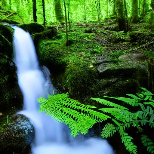 Image similar to ten round pools of clear still water in a forest, the wood between the worlds, narnia, cs lewis, lush green forest, moss and ferns, ferns,