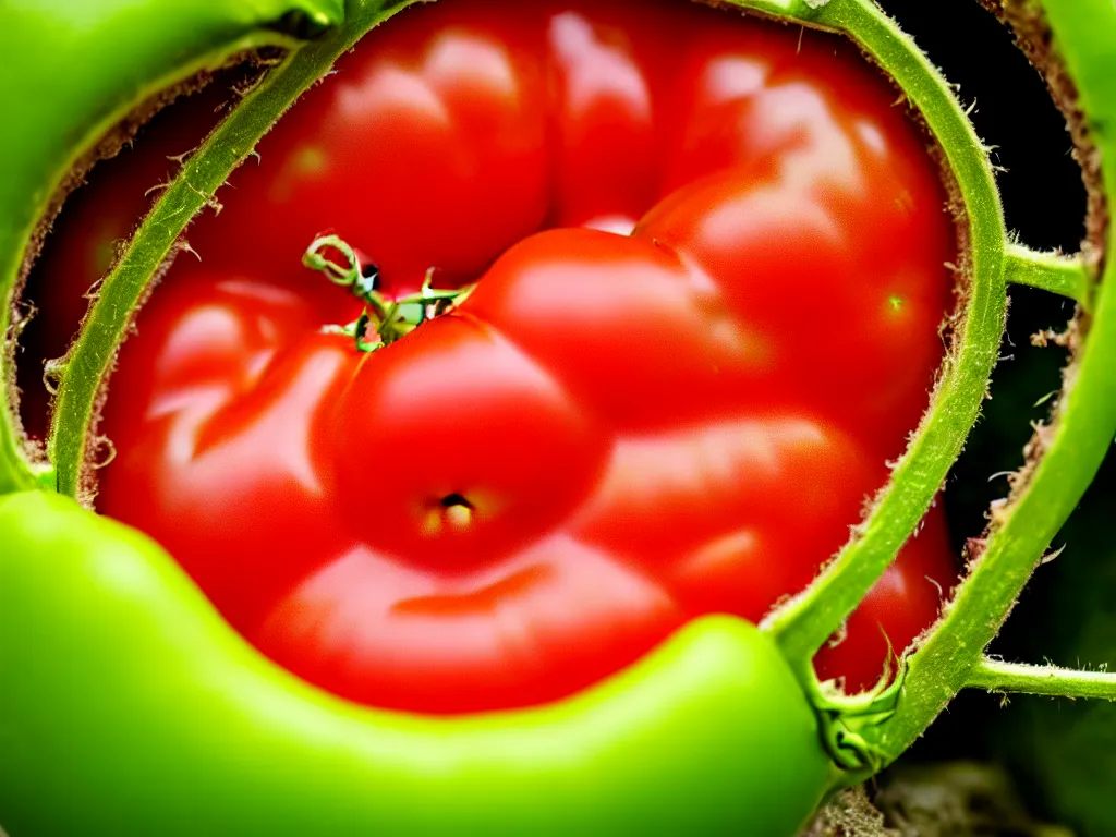 Image similar to a perfect portrait of a cross section of a tomato with tiny humans burrowing wormlike through its juicy interior. macro extreme, eye popping wet colours.
