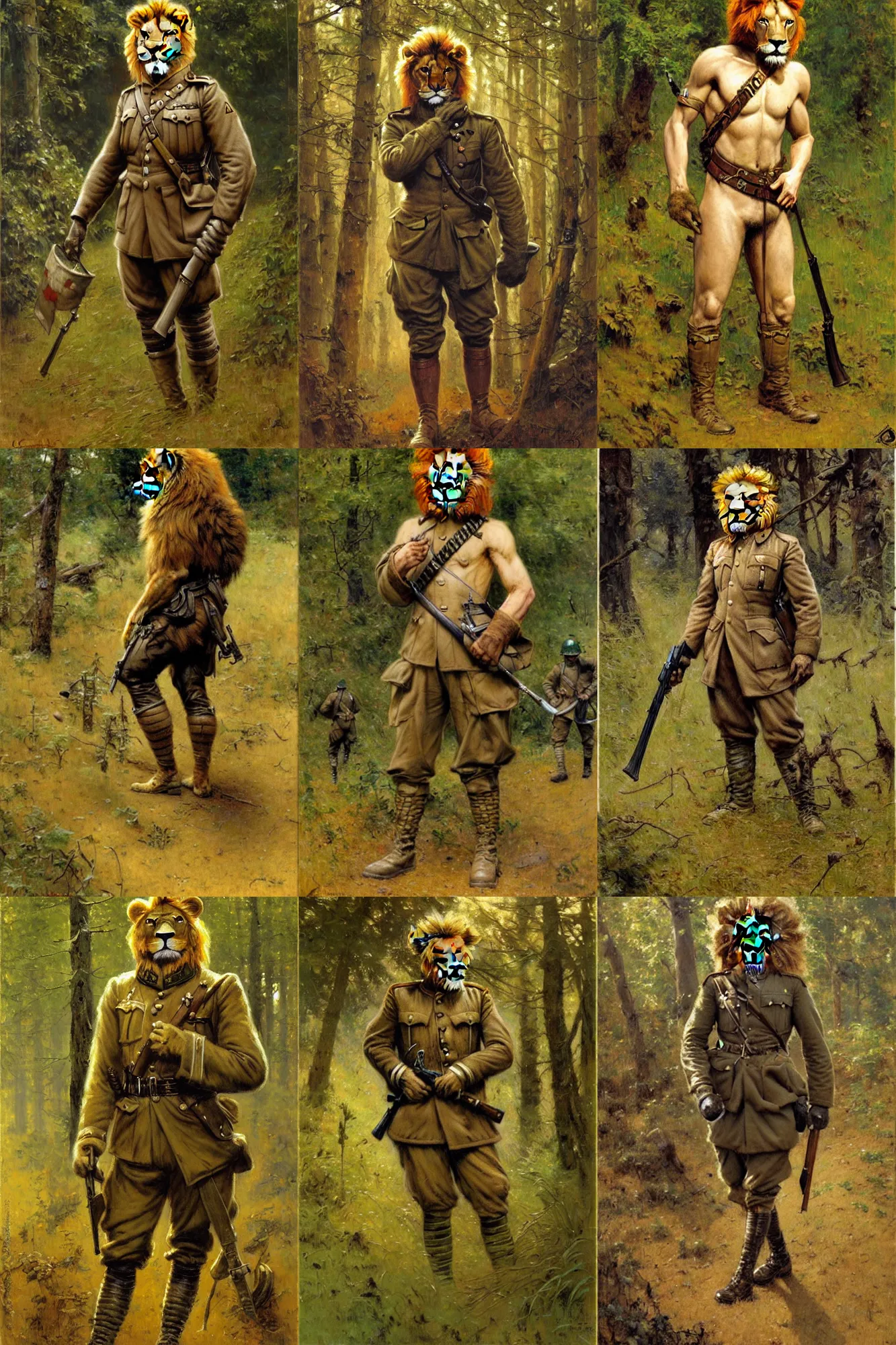 Prompt: furry anthro lion soldier in the forest during world war 1, character design, painting by gaston bussiere, craig mullins, j. c. leyendecker, tom of finland