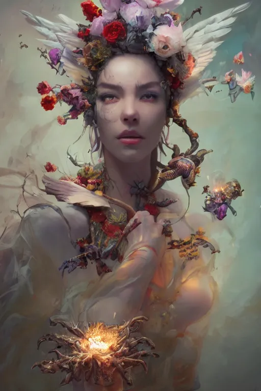 Image similar to beautiful girl necromancer, witch - doctor exploding into flowers, angels, 3 d render, hyper - realistic detailed portrait, ornaments in background, holding electricity and birds, ruan jia, wlop. scifi, fantasy, hyper detailed, octane render, concept art, peter mohrbacher