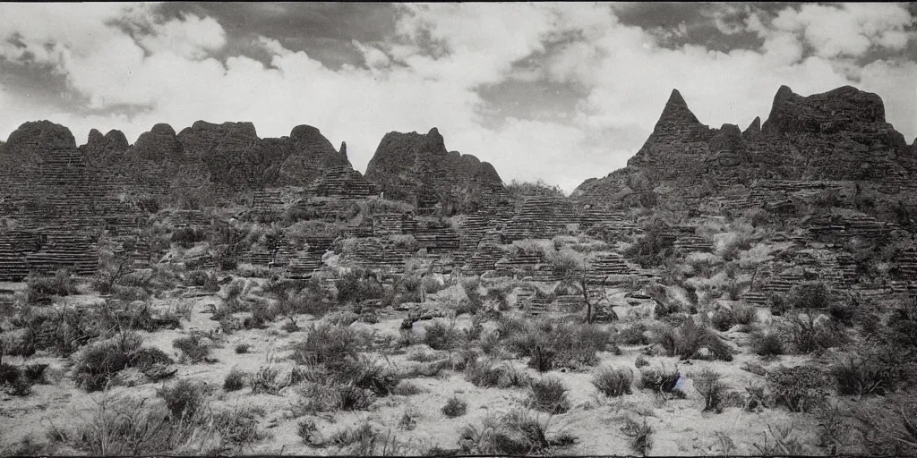 Image similar to lost city on the auyan tepui, vintage photograph, bw, by edward s curtis, realistic,