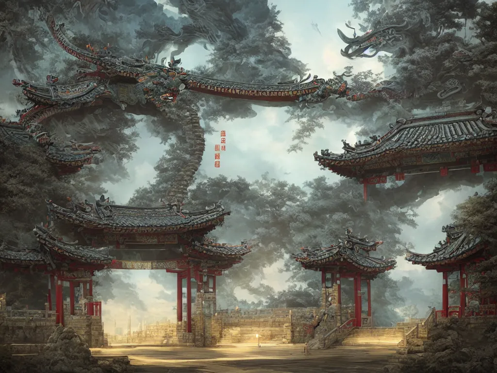 Image similar to tang dynasty shinto gate at the top of many stone steps, a chinese dragon flies behind by peter mohrbacher and dan mumford and nekro, cgsociety, volumetric light, 3 d render