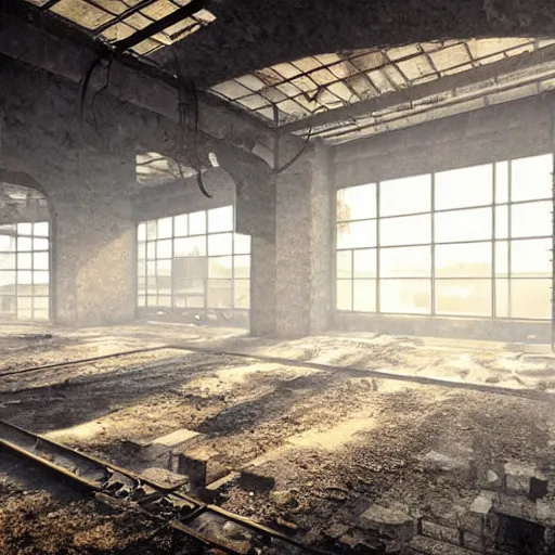 Prompt: abandoned industrial factory interior, dust visible by sun rays, digital art, trending on artstation