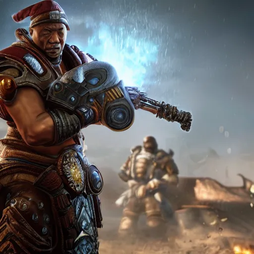 Image similar to asian!! bill cosby with conical hat in gears of war, splash art, movie still, detailed face, photorealistic facial features, cinematic lighting, dramatic, octane render, long lens, shallow depth of field, bokeh, anamorphic lens flare, 8 k, hyper detailed, 3 5 mm film grain