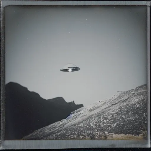 Prompt: a ufo flying over a mountain at night, distant!!, historical photo, old polaroid, expired film,