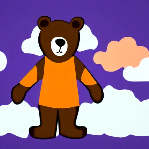 Image similar to cartoon animated bear wearing clothes being launched out of a futuristic machine into a purple and orange cloud land