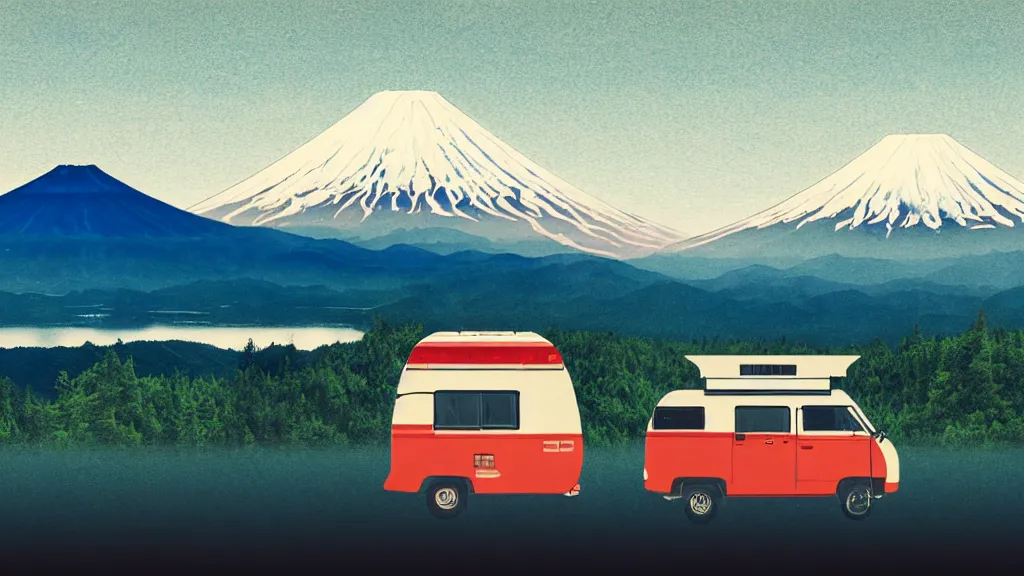 Image similar to a scene of two travellers and their camper touring overlook at the edge of yamanaka lake, reflecting mount fuji and a dramatic sky, japan, a collage painting, in the style of wes anderson, lola dupre, david hockney, isolated on negative white space background dark monochrome neon spraypaint accents volumetric octane render