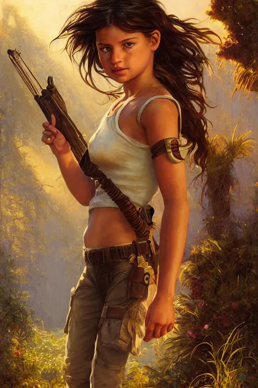 Image similar to golden hour, young Lara Croft chilling out, Lilia Alvarado, Sophie Anderson, Mark Arian, Bob Byerley, Charlie Bowater, Mark Brooks, Steve Henderson, Justin Gerard, Arthur Hughes, Edward Robert Hughes, Mark Keathley, Victor Nizovtsev, Carlos Shwabe, Ross Tran, WLOP