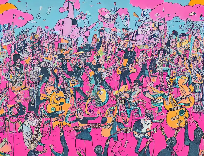 Image similar to a detailed painting of a concert by bananas with guitars while the pink elephants are stage diving in the sky in the style of artist James Jean