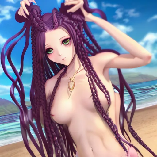 Prompt: a very beautiful anime succubus nymph hybrid, full body, long braided curly blonde hair, twisted braids, golden watery eyes, full round face, short smile, pale pink bikini, serene beach setting, cinematic lightning, medium shot, mid-shot, highly detailed, trending on artstation, Unreal Engine 4k, cinematic wallpaper by Stanley Artgerm Lau, WLOP, Rossdraws, James Jean, Andrei Riabovitchev, Marc Simonetti, and Sakimichan