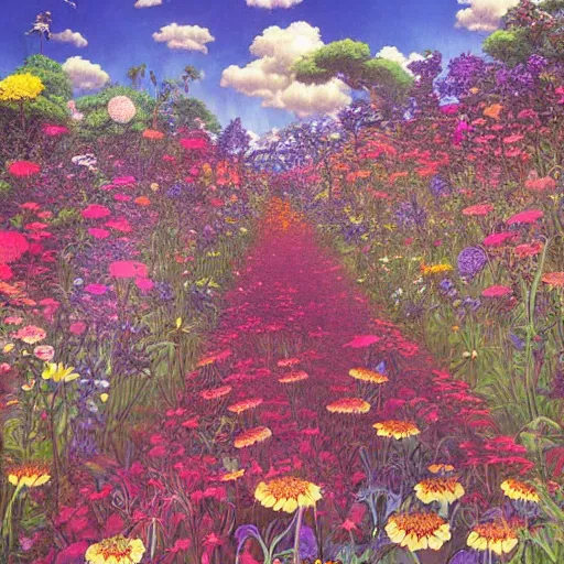 Prompt: a beautiful painting of a studio ghibli scene in a field of flowers by android jones, studio ghibli art, color gradient shading