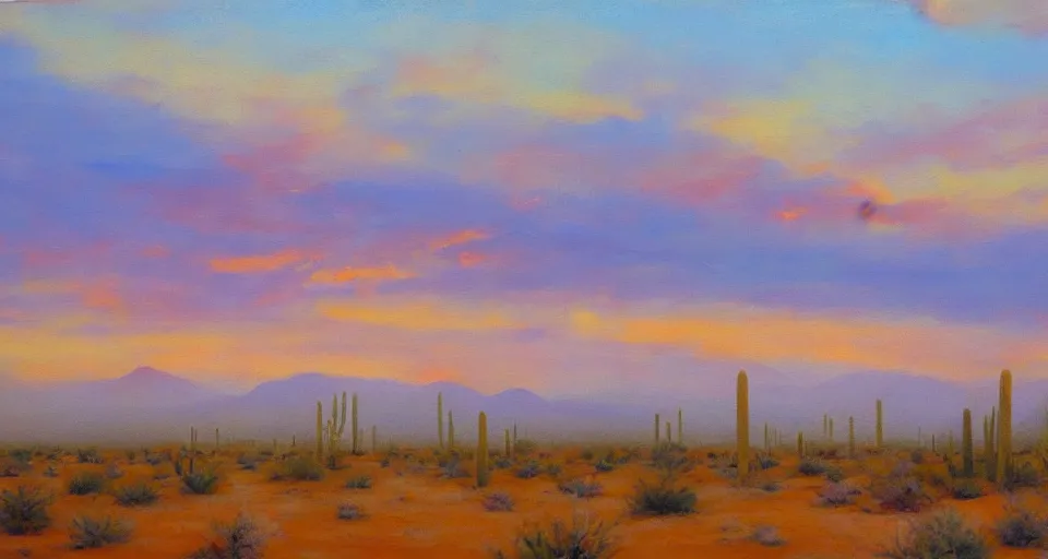 Image similar to the sonoran desert at sunrise, muted colors, beautiful painting, oil on canvas, by Ewa Czarniecka, award winning masterpiece,