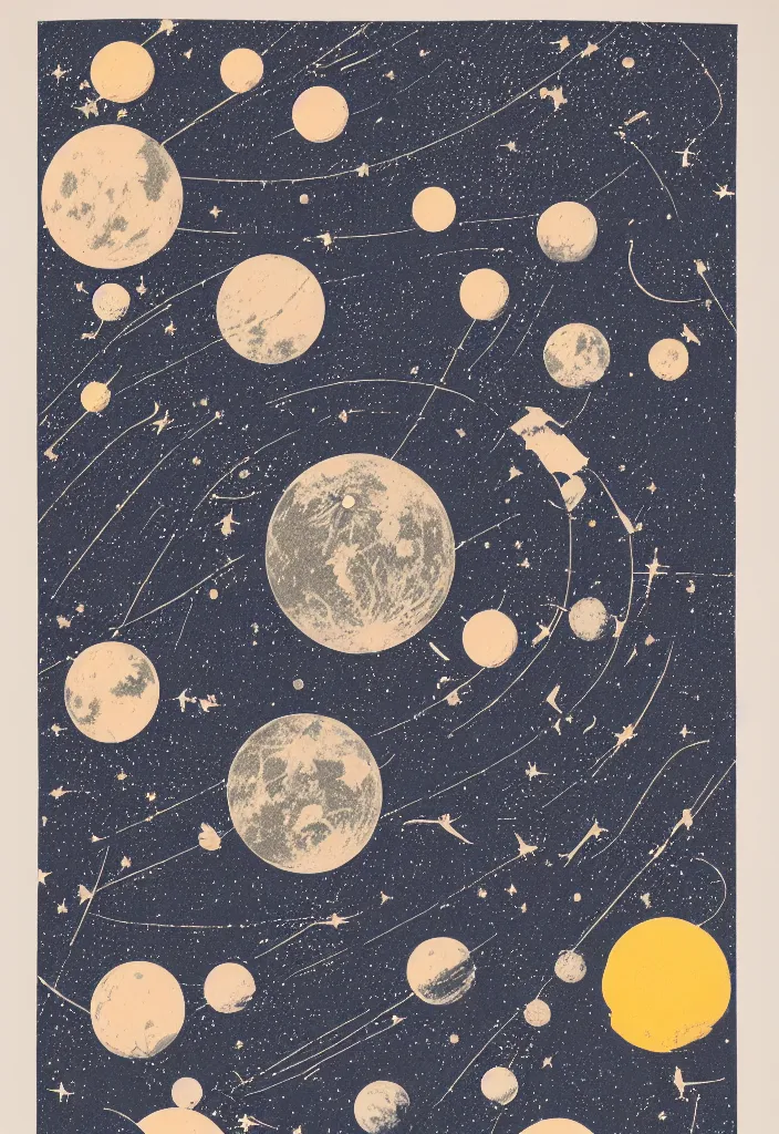 Image similar to Hi quality printed Collage of Grid of astrophotography, celestial bodies, duo-tone, halftone, in style of riso art