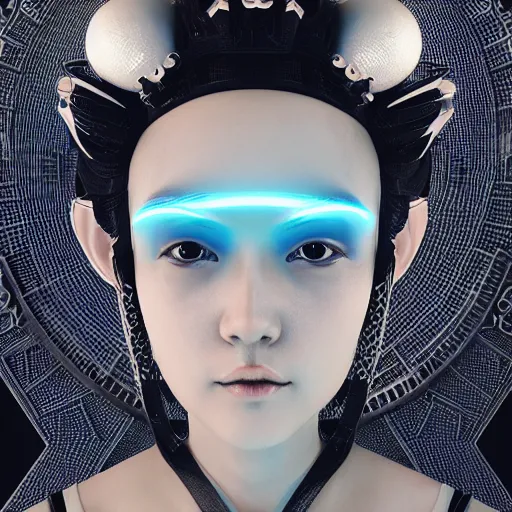 Prompt: alien princess, style of Feng Zhu, Artstation geometric, symmetrical, intricate crown, high fashion, streetwear, cyberpunk, detailed, octane render, cinematic, 8k,