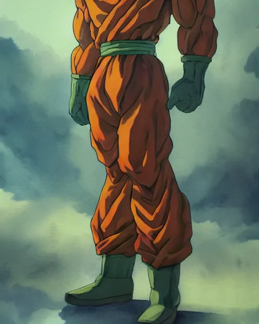 Image similar to a oil / watercolor painting full body character portrait of an old saiyan soldier powering up to protect his family in the style of moebius in the style of leonard boyarsky trending on artstation deviantart pinterest detailed photorealistic highlights and shadow hd 8 k post - processing high resolution