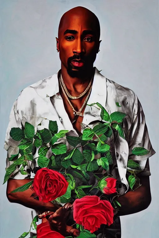 Prompt: Tupac, portrait by Kehinde Wiley!!, roses, oil paint on canvas,