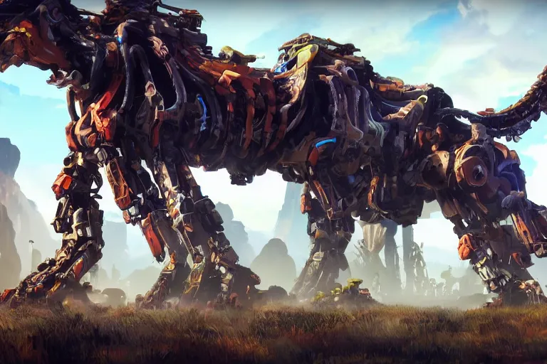 Image similar to tallneck machine mecha animal beast robot of horizon forbidden west horizon zero dawn bioluminiscence global illumination ray tracing hdr fanart arstation by sung choi and eric pfeiffer and gabriel garza and casper konefal