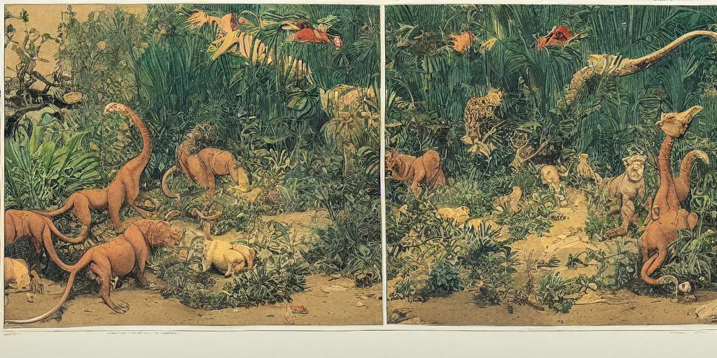 Prompt: 1 9 th century vivarium, detailed zoo environment with lions and birds by moebius and mohrbacher, japanese childrens book