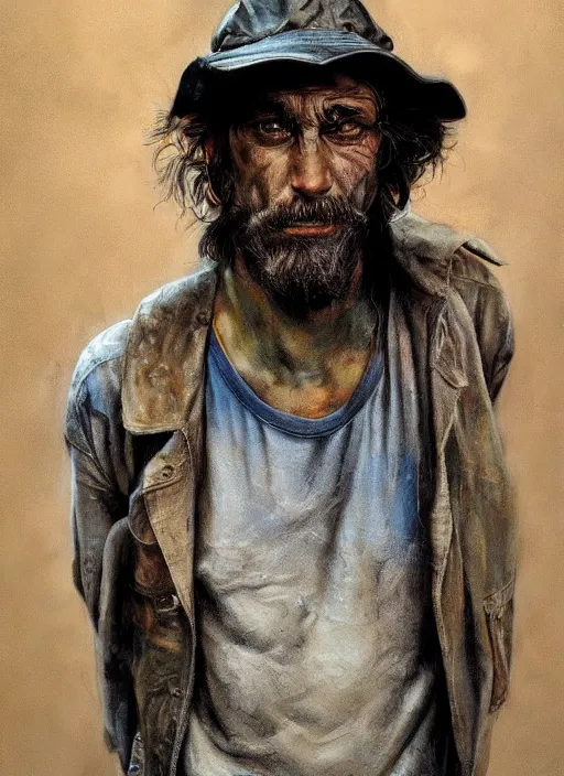 Prompt: a portrait a dirty unwashed homeless man, art by boris vallejo and greg danton and denys tsiperko, detailed, hyperrealism, artstation