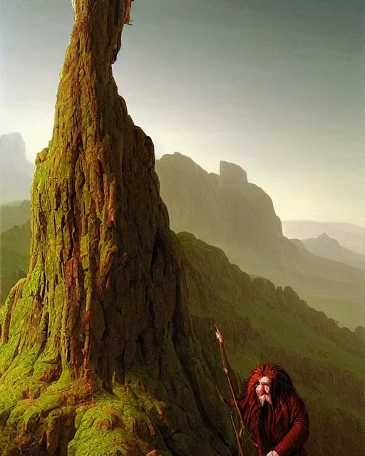 Image similar to a giant troll standing in a hilly landscape, detailed face. Realistic painting by Thomas Cole and Wayne Barlowe