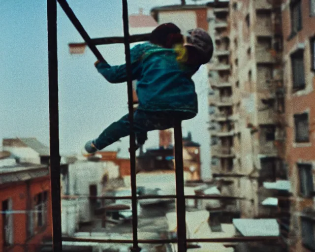 Image similar to lomo photo of roofjumpers climbing on roof of soviet hrushevka, small town, cinestill, bokeh, out of focus