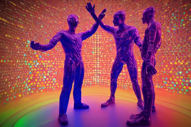 Image similar to full body, alan turing wrestling with agent smith, sculpture by auguste rodin, multicolored glowing tubes, glowing digital eyes, 8 k, front shot, symetrical, flourescent colors, halluzinogenic, multicolored, insanely detailed, 3 d render, octane