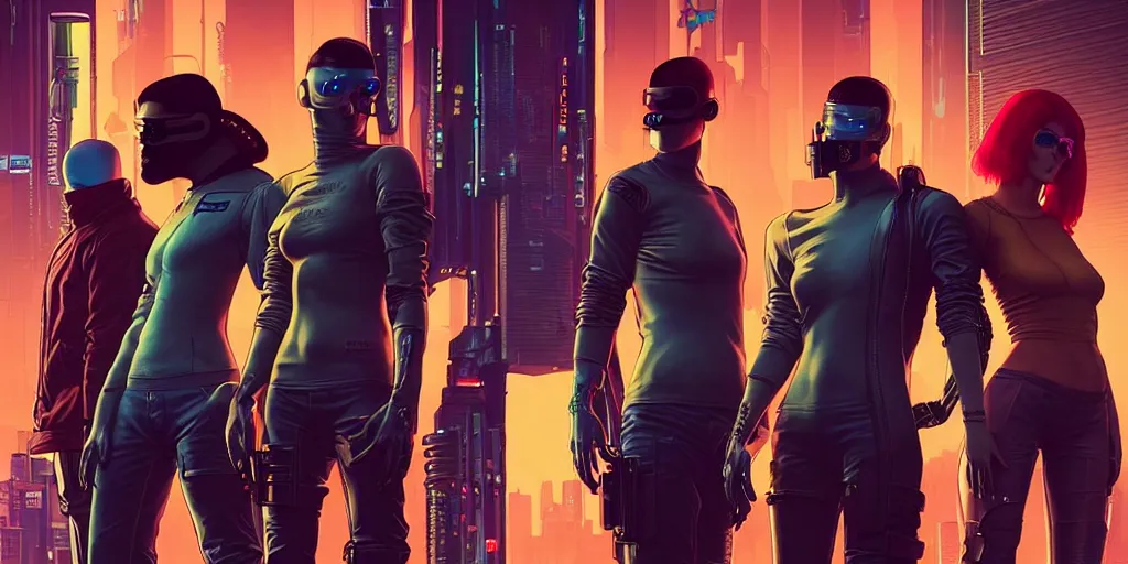 Image similar to cyberpunk hacker crew. portrait by stonehouse and mœbius and will eisner and gil elvgren and pixar. character design. realistic proportions. dystopian. cyberpunk 2 0 7 7 character art, blade runner 2 0 4 9 concept art. cel shading. attractive face. thick lines. hi def 4 k. the team. detailed interesting characters. realistic faces.