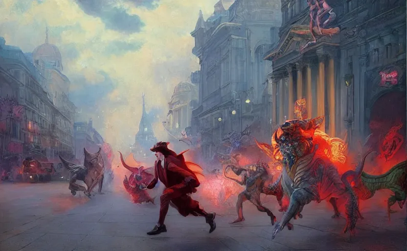 Image similar to demon running through the streets of the capital by kev walker and vladimir volegov and alexander averin and delphin enjolras and daniel f. gerhartz