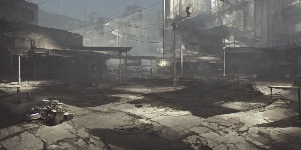 Image similar to fallout concept art neodeco render grim realistic lighting unreal engine 5