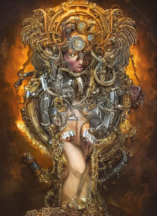 Image similar to ultradetailed ornate sci-fi RPG illustration of a beautiful symmetric Medusa radiating a glowing aura wearing a steampunk armor with much decorum, digital airbrush painting, 3d rim light, hyperrealistic masterpiece, artstation, cgsociety, kodakchrome, golden ratio