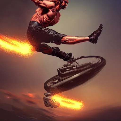 Prompt: muscular man riding jumping motorcycle through the air from demons, digital painting, muted colors, illustration, artgerm, artstation