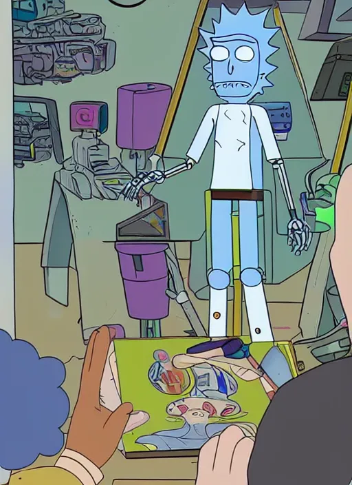 Image similar to a robot trying to draw a human hand, rick and morty art style illustration, justin roiland, dan harmon, location is a science fiction planet