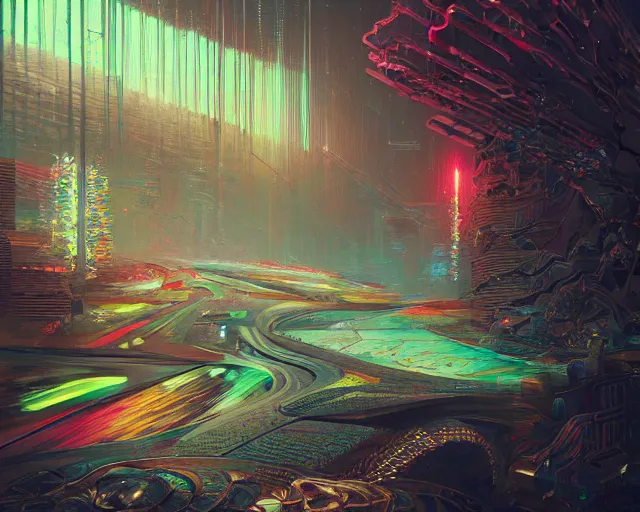 Prompt: the blight of the psychedelic sharp focus library - armory, intricate abstract. intricate artwork, by tooth wu, wlop, beeple, dan mumford. concept art, octane render, trending on artstation, greg rutkowski very coherent symmetrical artwork. cinematic, key art, hyper realism, high detail, octane render, 8 k, iridescent accents