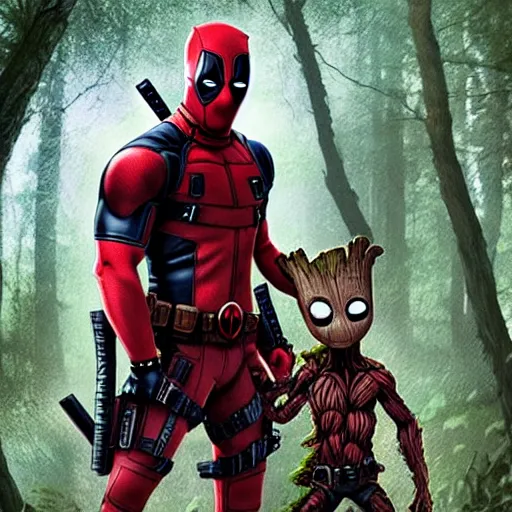 Image similar to deadpool and groot in the woods playing digital art 4 k detailed