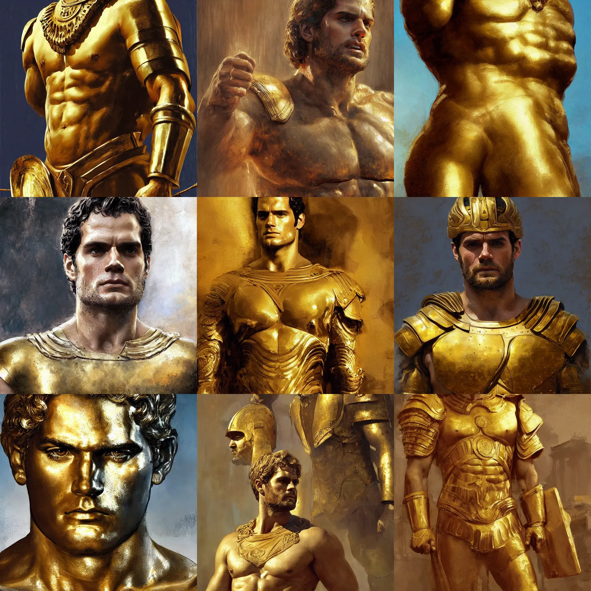 Prompt: digital art painting of henry cavill as an ancient greek god, upper torso, golden armor, parthenon in the background painted by craig mullins and gaston bussiere and greg rutkowski, symmetrical face, defined facial features, symmetrical facial features, dramatic lighting