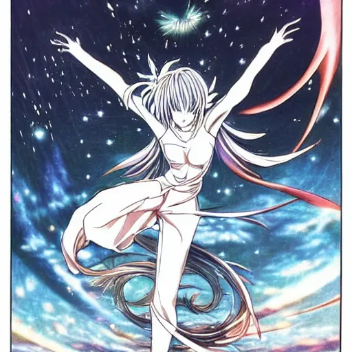 Prompt: it's an anime drawing by takeshi obata, it depicts a woman, lithe and graceful, leaping through the air, with a dozen swords, spinning, flying, and exploding all around her. in the background, the night sky is dark, filled with stars, and the moon is out, shining bright.