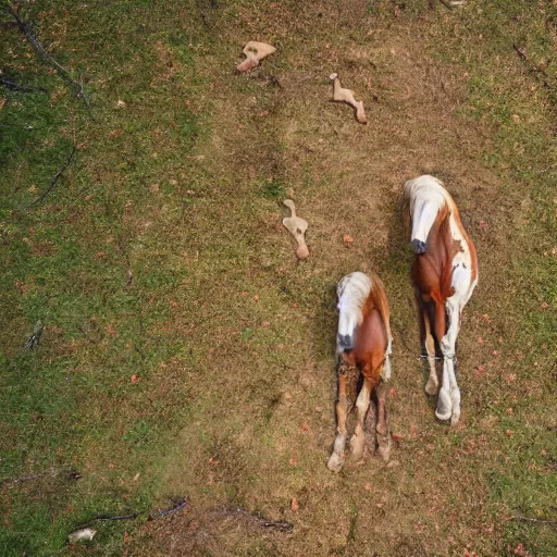 Image similar to two dead horses'body lying on the woods'path, and each horse body has some arrow on it, photo, 8 k