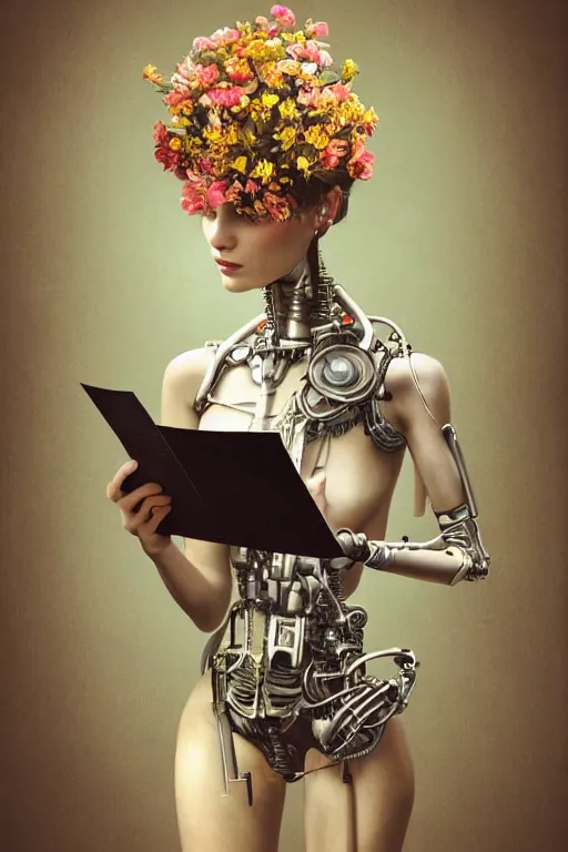 Prompt: a beautiful intricate fine art portrait photo of a happy futuristic cybernetic cyborg reading a letter, by tom bagshaw and anna dittman, perfection!, studio lighting, golden ratio composition, 5 0 mm lens, bionic robot overgrown with flowers, cybernetic scifi, deep depth of field, artstation, 8 k