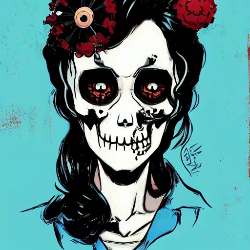 Image similar to delirium anime skull face girl portrait by petros afshar, tom whalen, laurie greasley, by greg rutkowski