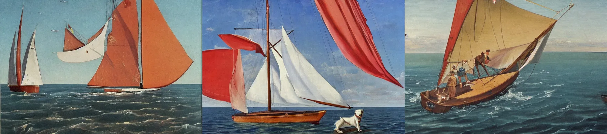 Prompt: A beautiful 40 feet Swedish sailboat from the 1950s in The Swedish archipelago. Pocky the dog is guarding on deck, renaissance oil painting on canvas.